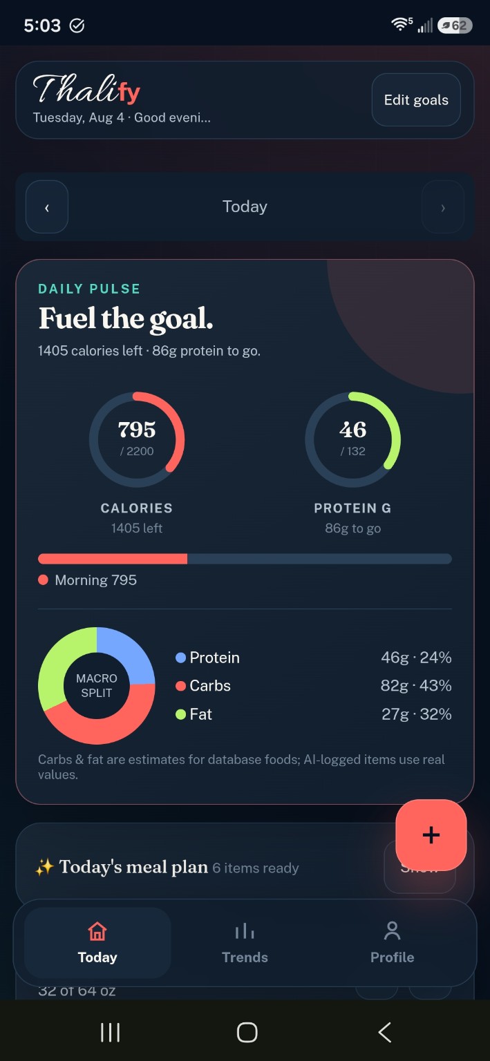 Thalify Today screen showing calorie and protein progress